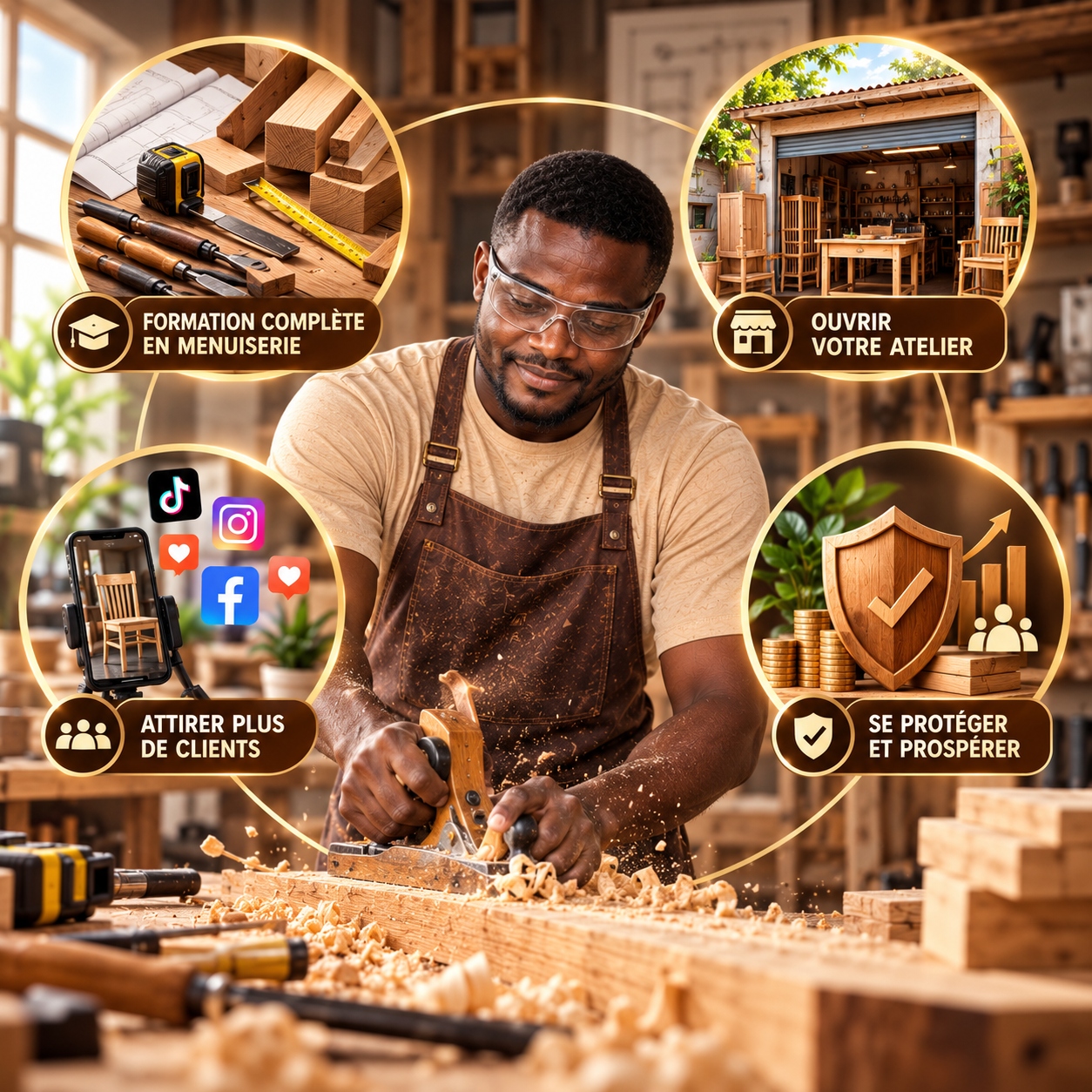 Menuisier au travail entouré des quatre apprentissages du pack