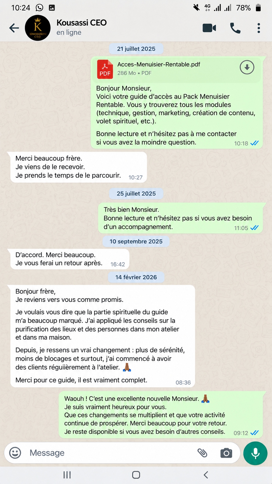 Témoignage WhatsApp client 1